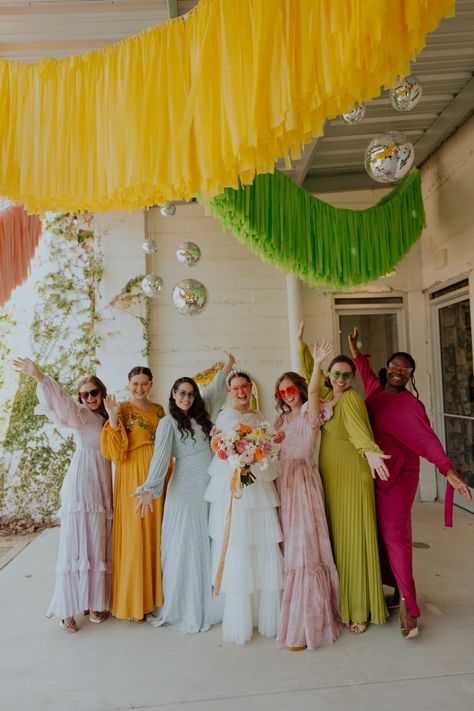 Eccentric Wedding, Bridal Party Color Schemes, Artsy Wedding, Playful Wedding, Multicolor Wedding, Funky Wedding, Alta Moda Bridal, Modern Bridesmaid, Quirky Wedding