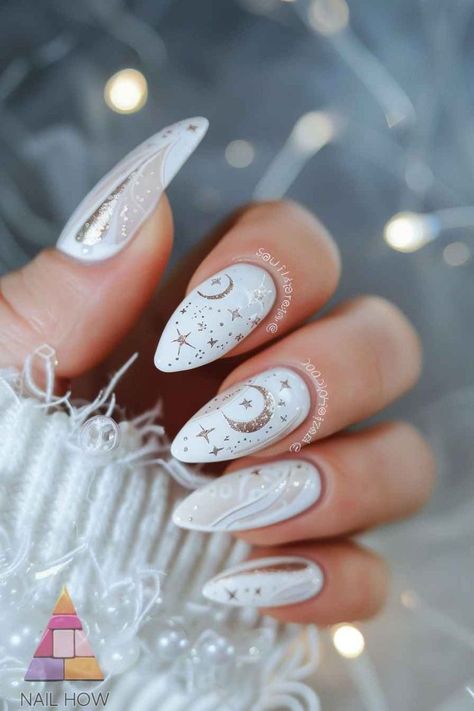 Sky Nails Design, Stargazing Wedding, Moon And Stars Nail Art, Unique Nails Designs, Night Sky Nails, Celestial Nail Art, Nail Ideas Designs, Magical Nails, Nails Transparent