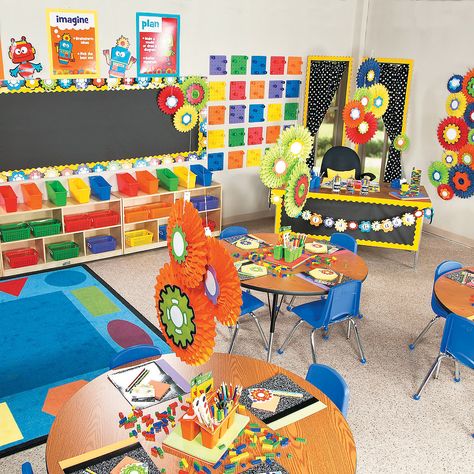 Robots+&+Gears+Classroom+Theme+-+OrientalTrading.com Lego Classroom Theme, Lego Classroom, Robot Classroom, Maker Fun Factory Vbs 2017, Maker Fun Factory Vbs, Steam Classroom, Maker Fun Factory, Classroom Decor Middle, Middle School Classroom Decor