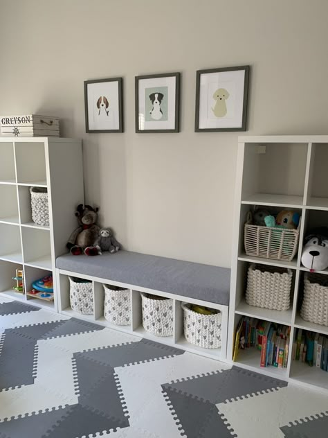 DIY Neutral Playroom - Home With Grey Scandanavian Toy Storage, Playroom Diy Storage, Ikea Playroom Desk Hack, Playroom/spare Room, Diy Toy Room Storage, Playroom Ideas Gender Neutral, Budget Playroom Ideas, Playroom Living Room Ideas, Small Playroom Storage