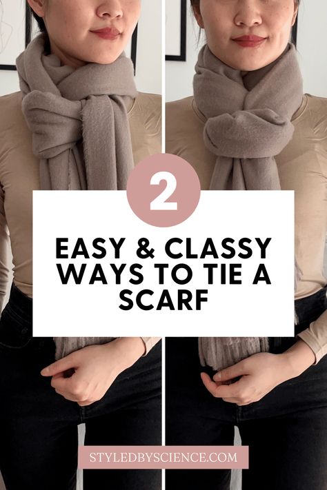 Two easy and classy ways to tie a winter scarf, step-by-step. Tie Winter Scarf, How To Tie A Long Scarf, Tie A Winter Scarf, Winter Scarf Tying, Winter Scarf Outfit, Burberry Scarf Outfit, Clothing Tricks, Scarf Tying Tutorial, Affordable Winter Outfits