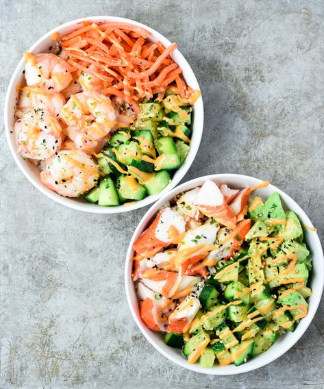 Sushi Bowl Recipe - 3 Ways (Gluten Free, Vegan) - satisfy those sushi cravings with these build your own Sushi Bowls! Includes recipes for California Roll Bowls, Vegan Sushi Bowls, and Shrimp Sushi Bowls. Gluten Free, with Keto/Whole30 options. Sushi Bowls With Shrimp, Whole 30 Sushi Bowl, Gluten Free Sushi Bowl, Sushi Bowl Recipe Shrimp, Gluten Free Poke Bowl, Gluten Free Sushi Recipes, Low Calorie Sushi Bowl, Sushi Bowl Recipe California Rolls, Healthy Sushi Bowl