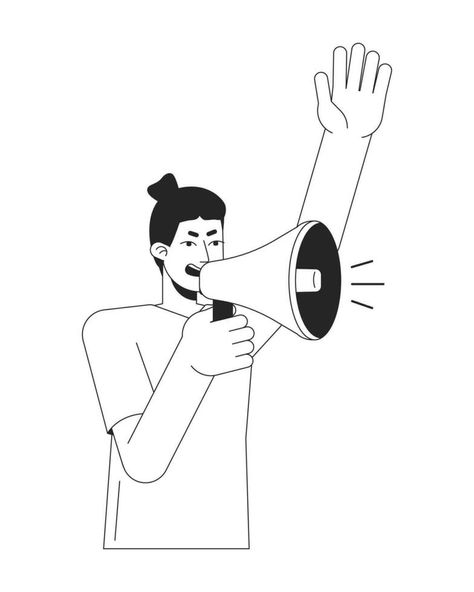 Inspired man with megaphone flat line black white vector character. Shouting speech. Demonstration. Editable outline full body person. Simple cartoon isolated spot illustration for web graphic design Man With Megaphone, Actor Illustration, Speech Illustration, Spot Illustration, Actors Illustration, Vector Character Design, Web Graphic Design, Simple Cartoon, Vector Character