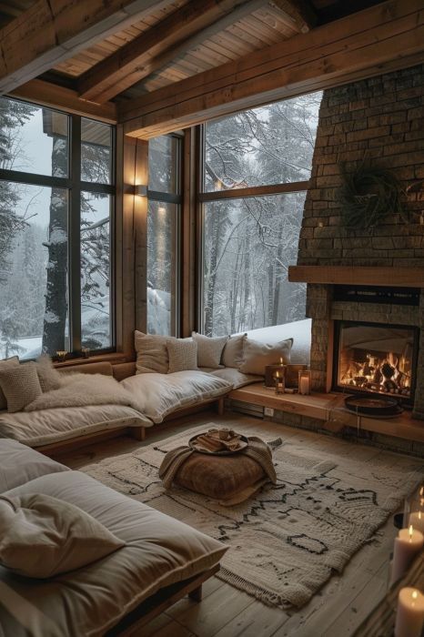 Luxury Mountain Homes Interiors, Holiday Home Interiors, Peaceful Wallpapers, Mountain Homes Interiors, Large Windows Living Room, Chalet Interior Design, Cabin Fireplace, Modern Lodge, Nature Room