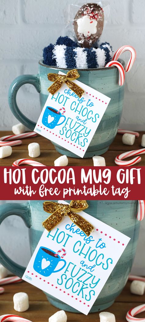 Hot Cocoa Mug Gift Idea + Free Printable Tag | artsy-fartsy mama Coworker Mug Gift Ideas, Mug And Socks Gift, Hot Coco Mugs Diy Gift, Hot Cocoa Stocking Stuffer, Teacher Christmas Mug Gifts, Socks And Hot Chocolate Gift, Socks In A Mug Gift, Blanket And Hot Cocoa Gift, Coworker Christmas Gift Ideas Hot Chocolate