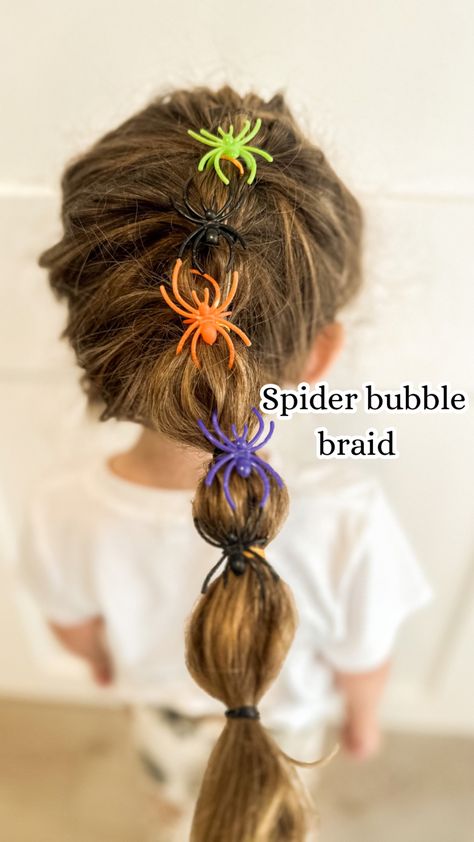 Make yours child bubble braid Halloweem theme 🎃 #halloweenhair #halloweenhairdo #halloweenhairstyle #toddlerhairtutorial Spider Ring Hair, Spider Ring, Bubble Braid, Itsy Bitsy Spider, Toddler Hairstyles, Plastic Ring, Halloween Hair, The Spider, Toddler Hair