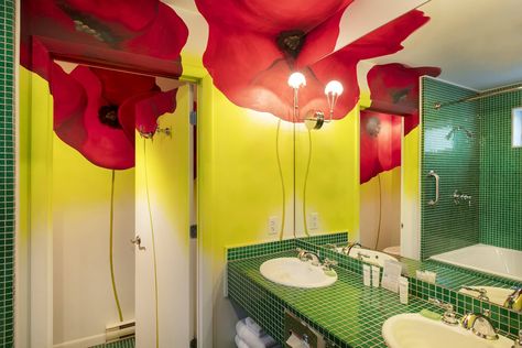 A Wizard of Oz-Themed Bathroom — Complete With Poppies Wizard Of Oz Bathroom, Wizard Of Oz Room, Motel Renovation, Themed Hotel Rooms, Painted Bedroom, Motel Room, Themed Bathroom, Interior Design Advice, Ruby Slippers