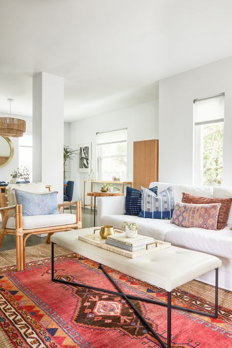 "To achieve the laid-back, California-beachy vibe, I wanted to keep the palette clean, light, and neutral while utilizing as many natural materials as possible, like linen, rattan, jute, and warm woods," Vasquez explains. The designer then used vintage textiles and gold accents to bring a luxe Middle Eastern aesthetic into the space. Middle Eastern Aesthetic, Eastern Aesthetic, Middle Eastern Decor, Apt Decor, Rustic Nightstand, Teal Wallpaper, Dream Cottage, Pink House, Built In Bookcase