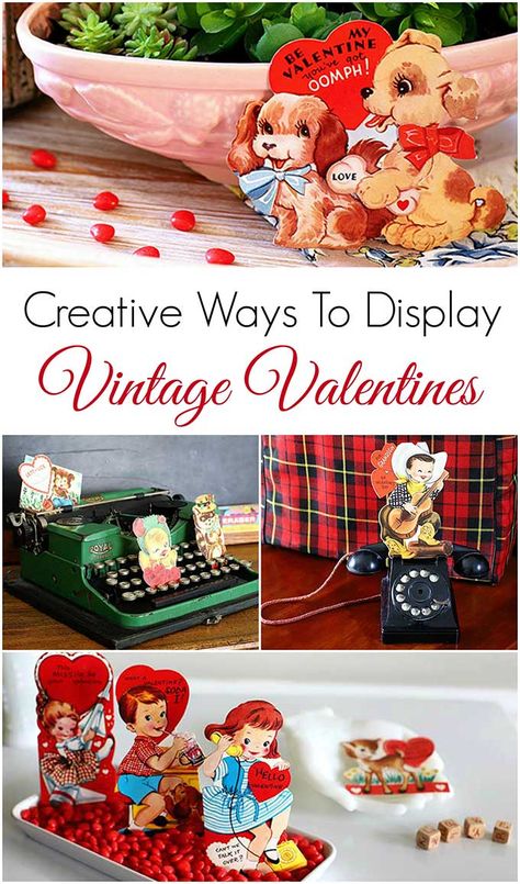 Creative ways to display your vintage valentine collection! Vintage Valentine Crafts Ideas, Vintage Valentine, Vintage Inspired Valentine Decor, Valentines Antique Booth Ideas, Homemade Valentine Boxes, Display Vintage Valentine Cards, Valentine's Day Antique Jewelry With Vintage Charm, Antique Valentines Day Cards, Valentine Card Crafts