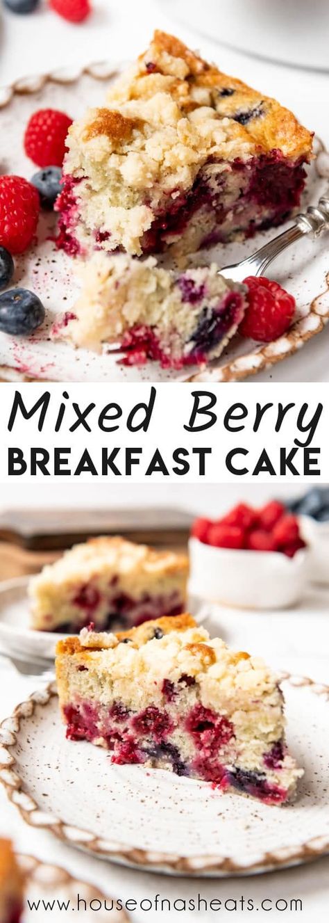 This ultra tender and moist Mixed Berry Breakfast Cake is bursting with sweet-tart raspberries, blueberries, and blackberries in a buttery cake topped with plenty of crumble topping. It's an easy berry coffee cake that can be enjoyed in the morning with a glass of milk or as an afternoon treat! | mixed berry breakfast cake recipe | mixed berry coffee cake breakfast | coffee cake with berries | mixed berry coffee cake recipes Mixed Berry Coffee Cake, Berry Breakfast Cake, Mixed Berry Breakfast, Cake Made With Yogurt, Berry Coffee Cake, Breakfast Cake Recipes, Breakfast Coffee Cake, Streusel Cake, Real Food Dietitians