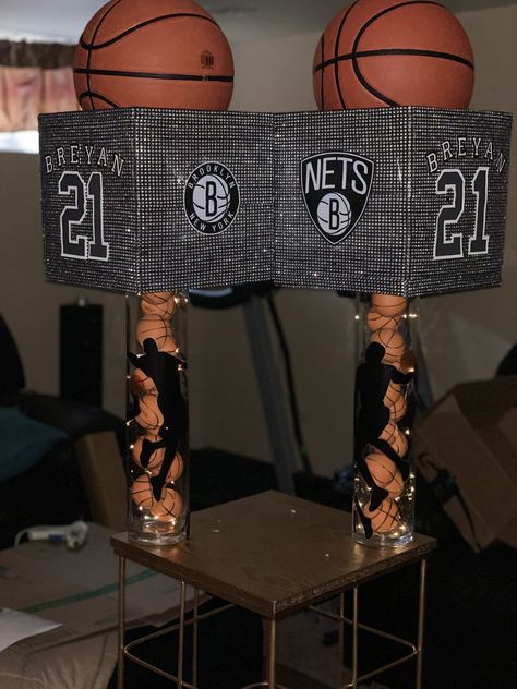 Jordan Theme Centerpiece, Jersey Theme Party Decorations, Jersey And Jordans Party Theme, Zayden Tattoo, Jordan Centerpieces, Basketball Centerpiece Ideas, Lakers Party, Football Centerpiece, March Maddness