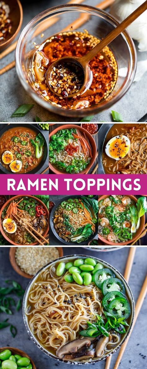 ramen toppings collage Ramen Vegetarian, Spicy Ramen Recipe, Top Ramen Recipes, Ramen Toppings, Bowl Recipes Easy, Noodle Bowls Recipes, Vegetarian Ramen, Ramen Recipes Easy, Homemade Ramen