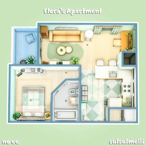 Sims 4 Small Apartment Floor Plans, Sims Tiny House Floor Plans, Tiny Living Sims 4, Sims Apartment Layout, Snowy Escape, Small Room Interior, Sims 4 Houses Layout, Green Apartment, House Flippers