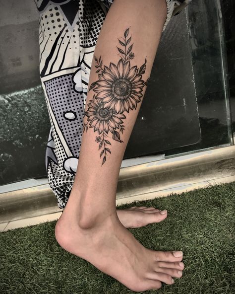 Sunflower Tattoo With Leaves, Sunflower Tattoo On Calf, Ornamental Sunflower Tattoo, Sunflower Leg Tattoo Calf, Sunflower Calf Tattoos For Women, Sunflower Tattoo Calf, Sunflower Tattoo Ankle Cover Up, Sunflower Tattoo On Leg, Ankle Sunflower Tattoo