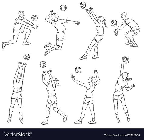 Volleyball Cartoon Art, Volleyball Doodles, Volleyball Poses Drawing Reference, Volleyball Player Drawing, Playing Volleyball Drawing, Volleyball Sketch, Women Cartoon Characters, Drawing Volleyball, Volleyball Cartoon