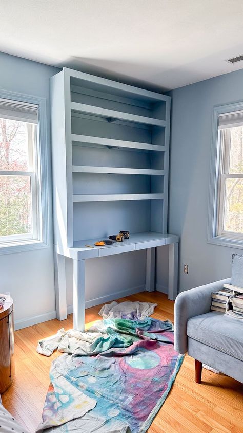 installed DIY desk bookshelf storage Bookcase Desk Diy, Bookshelf Desk Diy, Diy Desk And Bookshelves, Boys Desk In Bedroom, Desk And Bookshelves, Desk In Bedroom, Boys Desk, Desk Bookshelf, New Bedroom