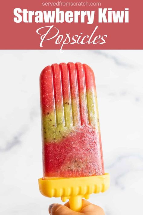 a hand holding a popsicle of strawberry and kiwi with Pinterest pin text. Chocolate Munchkins, Kiwi Popsicles, Frozen Popsicles, Toddler Foods, Fruit Popsicles, Strawberry Kiwi, Family Restaurant, Sweet Treats Recipes, Treat Recipes