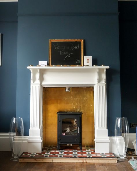 @victoria_road_restoration on Instagram: ��“The gold leafed toughened glass has been fitted behind the fireplace and I’m pretty happy with the result. Considering the gold tiles I…” Gold Leaf Fireplace Surround, Gold Leaf Fireplace, Gold Fireplace, Victorian Flat, Gold Tiles, Gold Tile, Fire Surround, Log Burner, Black Fire