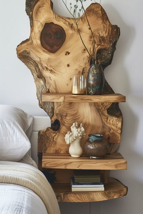 Infuse nature into your bedroom with this creative shelving unit made from sculpted wood, a refreshing bedside table idea. For more natural decor tips, read our article and follow us for eco-friendly home solutions! Creative Bedside Table, Creative Shelving, Natural Decor, Japanese Zen, Wooden Shelf, Into The Woods, Wood Home Decor, Home Design Decor, Decor Tips