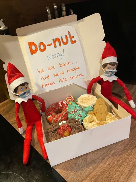 Elf On The Shelf Im Back Gifts, Elf On The Shelf Ideas For Christmas Eve, Elf On The Self First Arrival, 2022 Elf On The Shelf Ideas, Elf On The Shelf Exit Ideas, Elf On The Shelf Ideas Coming Back, Elf Kit Ideas, Gifts From Elf On The Shelf, Elf On The Shelf Donut Ideas