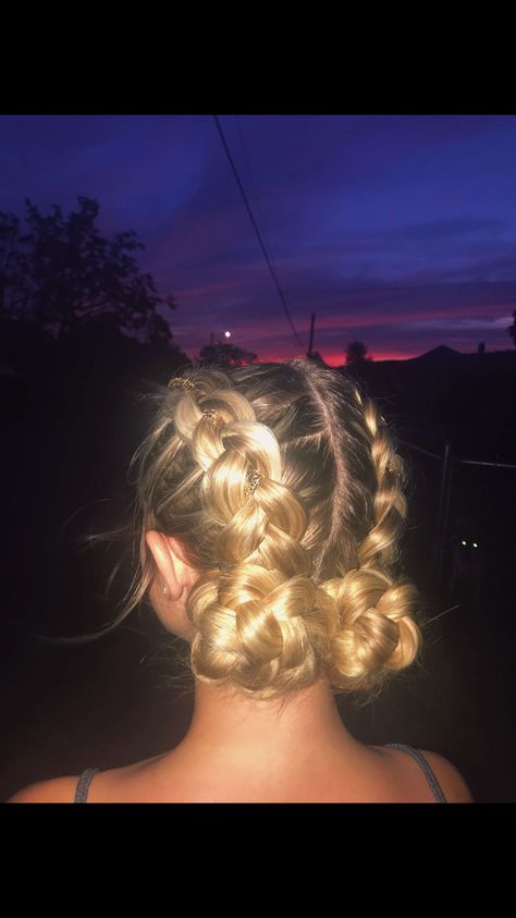 Dutch braid with hair rings into buns Braids To Buns Hairstyle, French Braid Into Two Low Buns, Dutch Buns Hairstyles, Hairstyles Two Small Braids, Hair Styles One Braid, Double Braids Into Low Buns, Dutch Braid Into Bun Sports, Cute Dutch Braid Ideas, Cute Hairstyles With Braid