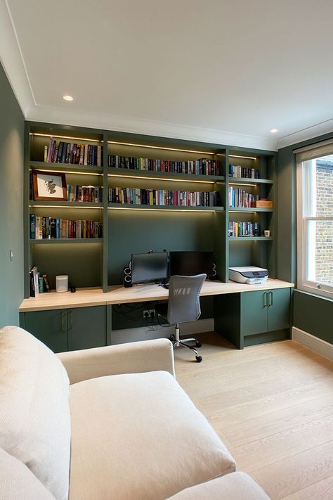 Green Home Offices, Home Study Rooms, Modern Home Offices, Study Room Design, Small Home Offices, Home Library Design, Study Room Decor, Small Home Office, Study Rooms