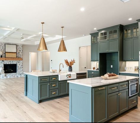 Blue Green Kitchen Cabinets, Kitchen Cabinets With Gold Hardware, Cabinets With Gold Hardware, Blue Green Kitchen, Green Kitchen Cabinets, Blue Cabinets, Green Kitchen, Sand Castle, French Blue