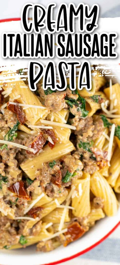 Tomato Spinach Sausage Pasta Recipe, Italian Sasauge Pasta Recipe, Giant Sausage Pasta, Pasta Dishes With Ground Sausage, Hot Italian Sausage Pasta Recipes, Easy Pasta Dishes With Sausage, Pasta With Hot Italian Sausage, Easy Ground Italian Sausage Recipes, Sausage Penne Pasta Recipes