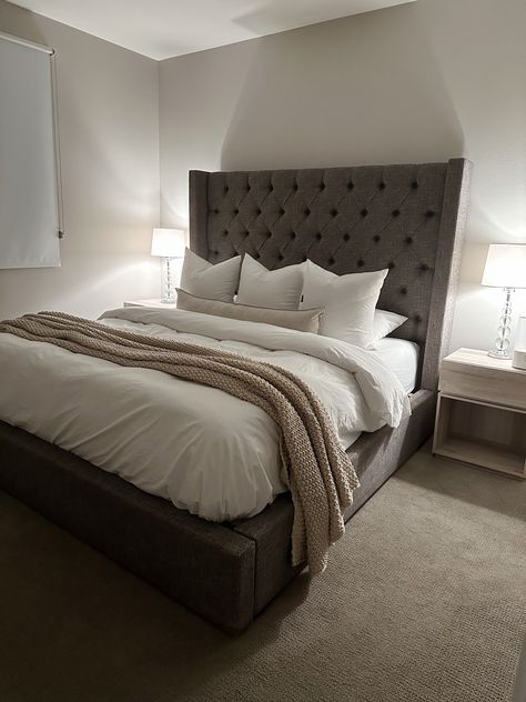 Bedding Ideas Dark Grey Headboard, Gray Backboard Bed, Dark Grey Bedhead Styling, Bedroom Inspo Grey Headboard, Grey Fabric Bed Frame Room Ideas, Grey Headboard Room Ideas, Dark Gray Bedframe Bedroom Ideas, Dark Grey Bedframe Bedroom, Grey Bed Frame Bedroom Ideas Color