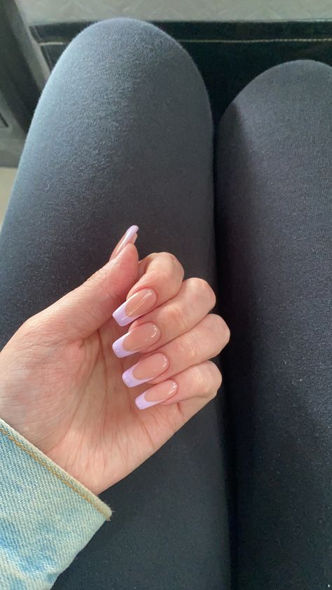 nude nail inspiration, nail art ideas, nude nail aesthetic, gems nail, nail ideas, nail style, acrylic nails inspiration, acrylic nails, swirl acrylic nails, aesthetic nails, aesthetic nail art, french tip nails, girly nail ideas, pastel nails, french tip nails, clean nail inspiration, minimal nail inspo, summer nail inspiration, spring nails ideas, fall nails inspiration,winter nails aethetic. white nails, white acrylic, nude gel nails, gems, sparkle nails, rhinestone nails, rhinestone nail art Lavender French Tip Nails Coffin, Light Purple Nails French Tip, White Nails With Purple Design, Perpel Nail, Lavender Nails French Tip, Light Purple French Tip Nails, Purple Nails French Tip, Lavender French Tip, Purple French Nails