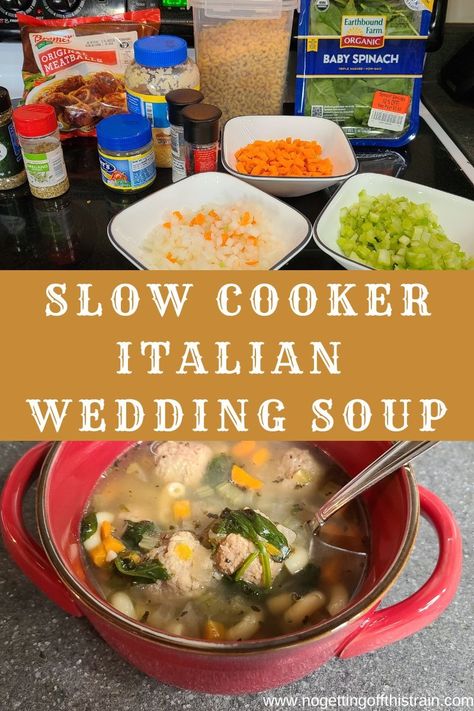 Make Italian Wedding Soup easily with this slow cooker version! Use frozen meatballs to save time- great for busy weeknights! Italian Wedding Soup Easy, Luscious Recipes, Wedding Soup Recipe, Slow Cooker Italian, Italian Wedding Soup Recipe, Stews Recipes, Easy To Cook Meals, Stew Chicken Recipe, Soup Easy