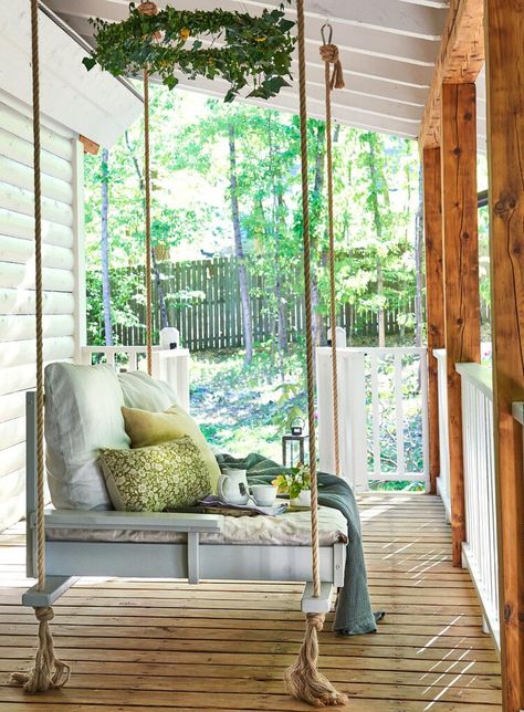 A Traditional Log Cabin Gets a Modern Upgrade Infused With the Homeowner’s Swedish Heritage Porch Bed, Front Porch Swing, Balkon Decor, Porch Swing Bed, Building A Porch, Rustic Porch, Bed Swing, Have Inspiration, House With Porch