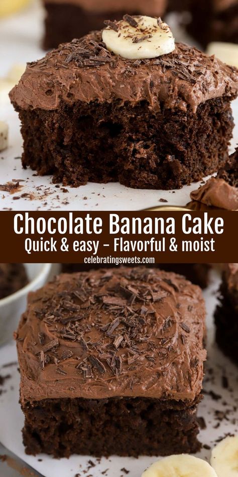 Banana Chocolate Chip Cake, Creamy Chocolate Frosting, Banana Cake Recipe Easy, Celebrating Sweets, Chocolate Banana Cake, Cocoa Cake, Banana Dessert Recipes, Banana Cake Recipe, Square Pan