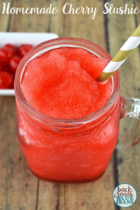 Homemade Cherry Slushie Cherry Slushie Recipe, Cherry Slushie, Slushie Recipe, Kid Drinks, Frozen Drinks, Banana Smoothie, Smoothie Drinks, Drinks Smoothies, Summer Treats