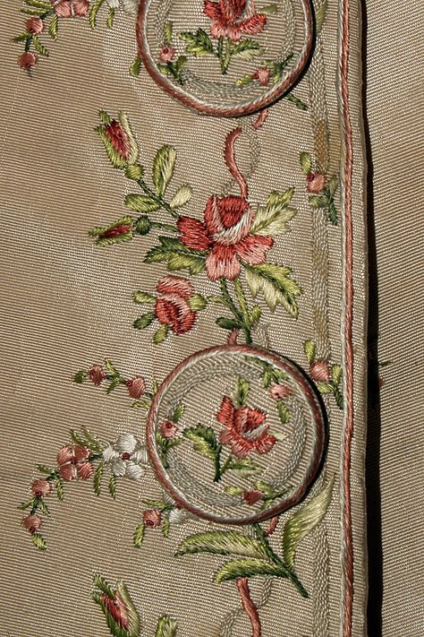 Embroidery on silk faille coat, possibly Italian, ca. 1770-80, KSUM 1995.17.183. Italian Embroidery, Embroidery On Silk, Historical Embroidery, Fabric Embellishment, Couture Embroidery, Silk Ribbon Embroidery, Hand Embroidery Design, Arte Popular, Silk Embroidery