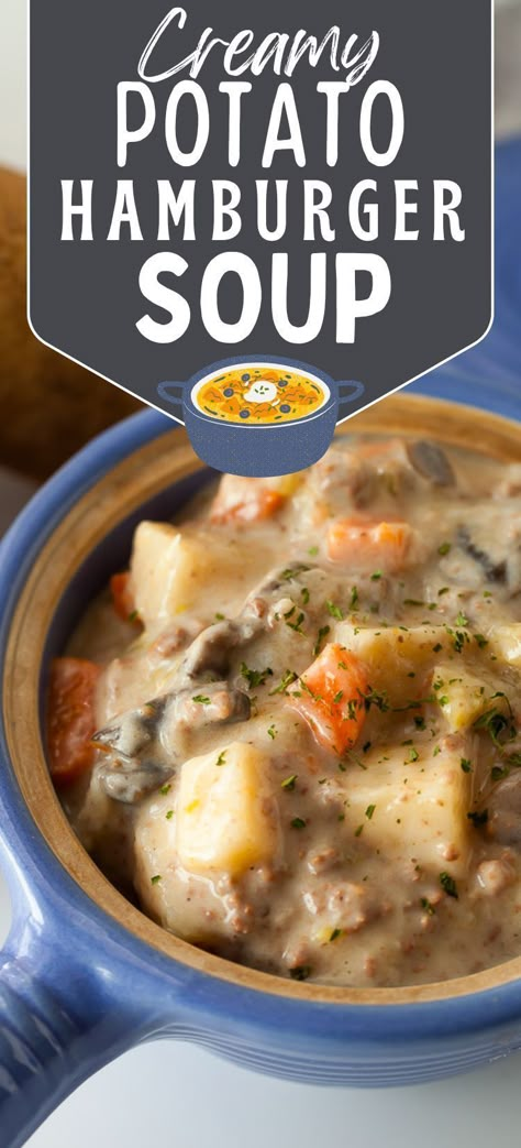 Warm up with this creamy potato and hamburger soup! It’s a hearty blend of tender potatoes, savory ground beef, and a velvety, cheesy broth that’s perfect for family dinners or cozy nights in. This easy-to-make recipe delivers comfort in every bite, with simple ingredients that come together for a filling, flavorful meal. Ideal for cold-weather cooking, this soup will quickly become a household favorite! Potato Soup With Beef, Beefy Potato Soup, Ground Beef Cold Weather Recipes, Easy Cold Weather Dinners, Creamy Hamburger Soup, Potato And Hamburger Soup, Potato And Hamburger, Potato Hamburger Soup, Cold Weather Dinner