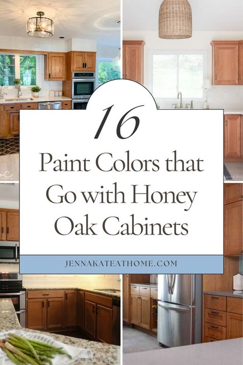 Looking for paint colors that go with honey oak? Whether it's for trim, wood, or cabinets, here are the best paint colors to go with honey oak cabinets. If you're updating an oak kitchen, discover what color to paint kitchen walls with honey oak cabinets and find the perfect wall paint colors to complement oak cabinets in your home. Update Kitchen With Oak Cabinets, Paint Kitchen Walls, Painting Honey Oak Cabinets, Updating Oak Cabinets, Oak Kitchen Cabinets Wall Color, Honey Oak Trim, Greige Paint Color, Perfect Greige, Oak Bathroom Cabinets