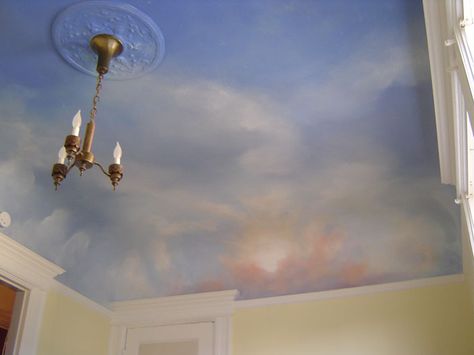 Sunrise Room, Painted Ceiling Clouds, Sunset Ceiling, Painted Clouds On Ceiling, Ceiling Clouds Painting, Sunset Ceiling Mural, Sunny Sky Ceiling Mural, Sunset Sky Ceiling, Blue And Gold Bedroom