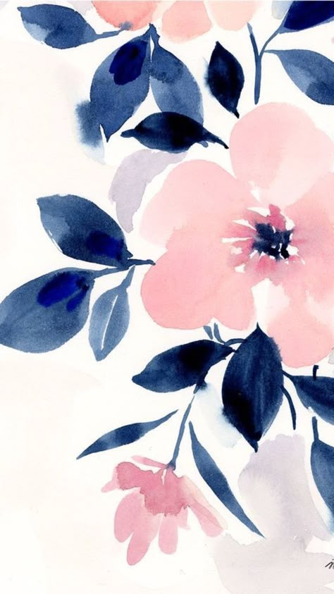 Pink and navy blue girly floral iPhone background wallpaper. #iphonebackground Watercolor Floral Wallpaper, Illustration Kunst, Watercolor Floral Pattern, Wallpaper Tumblr, 수채화 그림, Trendy Flowers, Floral Iphone, Art Et Illustration, Wallpapers Iphone