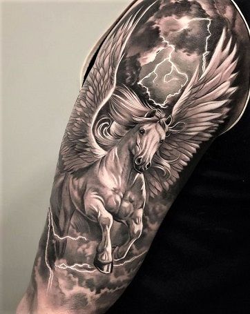 Pegasus Tattoo, Poseidon Tattoo, Horse Tattoo Design, Zeus Tattoo, Realistic Tattoo Sleeve, Greek Mythology Tattoos, Forarm Tattoos, Egyptian Tattoo, Mythology Tattoos