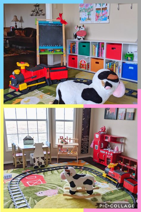 Farm Playroom, Farm Theme Playroom, Dining Room To Playroom Conversion, Farm Kids Room, Farm Animal Playroom, Toddler Boy Farm Bedroom, Dining Room To Playroom, Diy Farm Play Mat, Farm Rugs