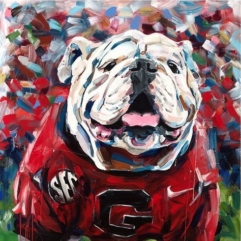 Georgia Dawgs, Georgia Bulldogs Football, Bulldog Art, Football Art, Hand Painted Ornaments, Window Art, Georgia Bulldogs, Dog Paintings, Paper Print