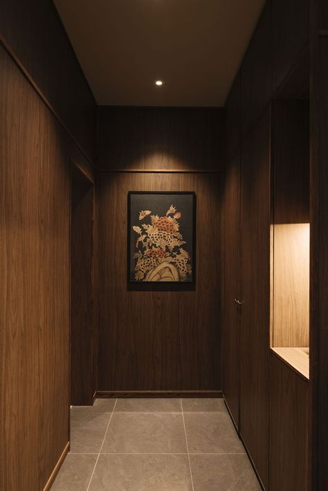 #art #interior #wood #hallway Narrow Corridor, Wood Hallway, Harvey House, Interior Brick, Hallway Walls, Singapore Interior, Wooden Panelling, Veneer Door, Artwork Lighting