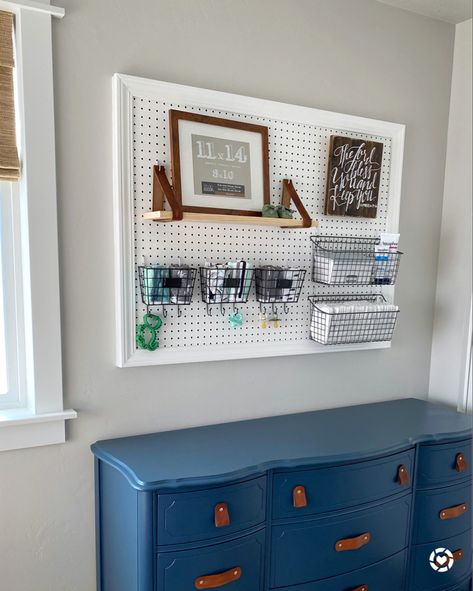 Pegboard Nursery, Nursery Changing Station, Diaper Changing Station, First Time Mom, Changing Station, Baby Boy Rooms, First Time Moms, Peg Board, Boy's Room