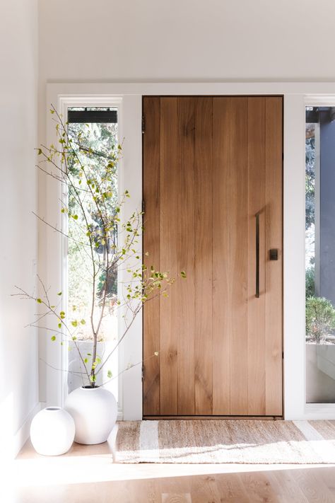 Modern Haven Remodel — CANVAS HOUSE Scandi Front Door, Modern Home Interior Doors, Large Wood Front Door, Modern Front Door Wood, Front Door Privacy Glass Ideas, Wood Door With White Trim, Front Door Entryway Ideas Exterior, House Doors Front Entrance, Front Door White House