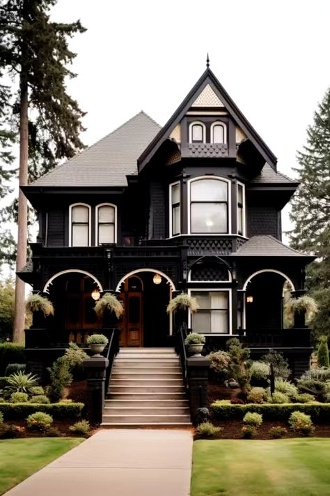 Black Victorian House, Rock Walkways, Gothic House Exterior, Victorian Home Exterior, Black Home Exterior, Victorian Homes Exterior, Practical Home Decor, Minimalist Living Room Ideas, Black Houses