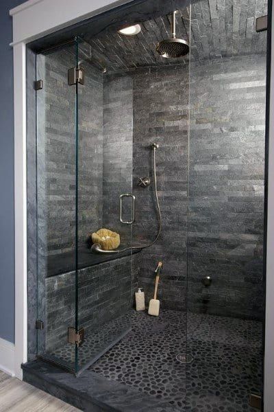 Modern Shower Design, Grey Bathroom Tiles, Pebble Floor, Stone Shower, Bad Inspiration, Bathroom Shower Tile, Basement Bathroom, Modern Shower, Shower Remodel