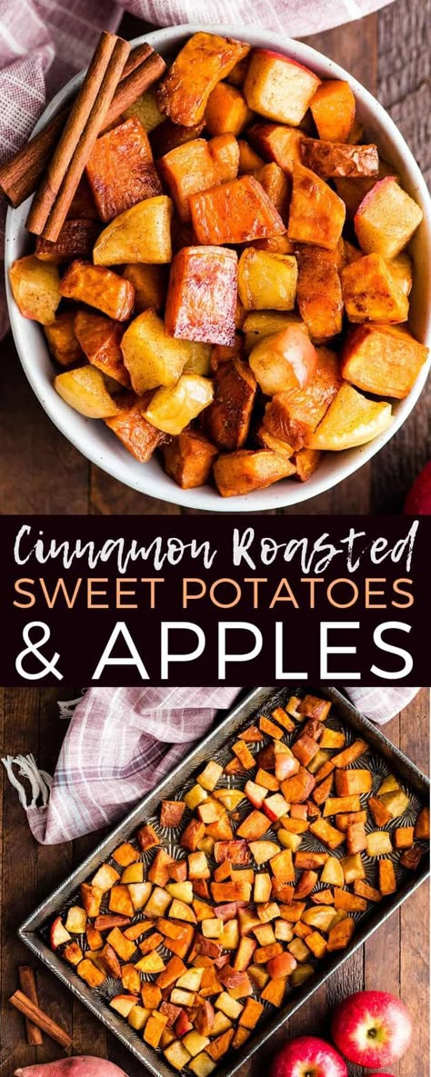 This Cinnamon Roasted Sweet Potatoes and Apples Recipe is a healthy and easy side dish that is perfect for Thanksgiving! These crispy roasted sweet potato cubes and tangy apples are made with only 6 ingredients and are paleo, vegan, gluten-free & dairy-free! #roastedsweetpotatoes #apples #cinnamonapples #cinnamonsweetpotatoes #paleo #vegan #glutenfree #thanksgiving  via @joyfoodsunshine Sweet Potato Apple Onion Recipe, Baked Sweet Potatoes And Apples, Apples And Sweet Potatoes Bake, Fall Apple Recipes Dinner, Thanksgiving Appetizers Gluten Free Dairy Free, Healthy Sweet Potato Desserts, Dairy Free Fall Recipes Dinner, Yams And Apples Recipe, Fall Crockpot Recipes Gluten Free