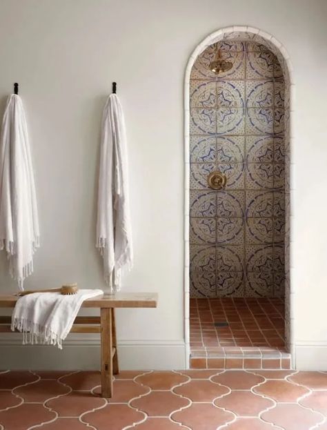 Art Deco Bohemian Interiors, Socal Home Exterior, Modern Spanish Style Homes Bathroom, Marocco Interior Design Modern, Spanish Cottage Bathroom, Spanish Tile Bathroom Ideas, Elevated Boho Style Home, Santa Fe Bathroom Ideas, Morracon Tile