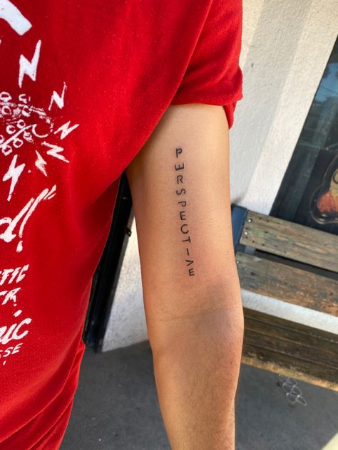 Yes Theory Tattoo, Tattoo About Perspective, Perspective Tattoo Ideas, Positive Arm Tattoo Men, Perception Tattoo Perspective, Tattoos About Perspective, Fine Line Tattoo Perspective, Vertical Forearm Tattoo, Perspective Tattoo Design